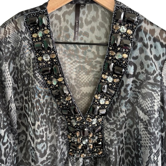 Embellished Animal Print Sheer Tunic Top Women’s Size XL Boho Peasant Dressy - Picture 5 of 16